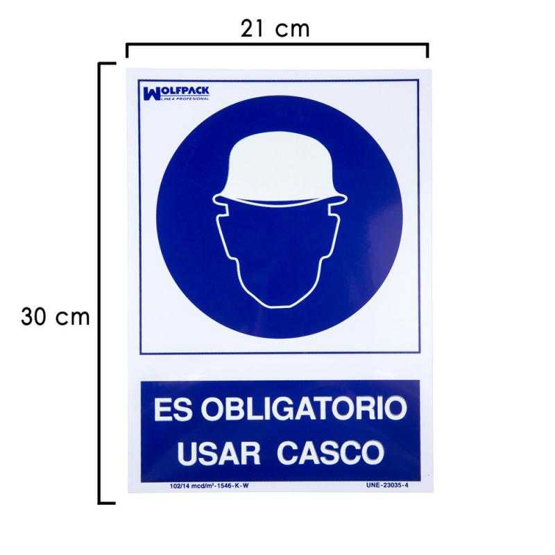 Cartel obligatorio usar casco 30x21 cm.