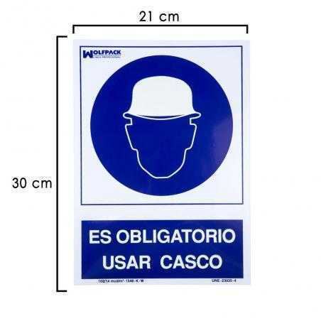 Cartel obligatorio usar casco 30x21 cm.