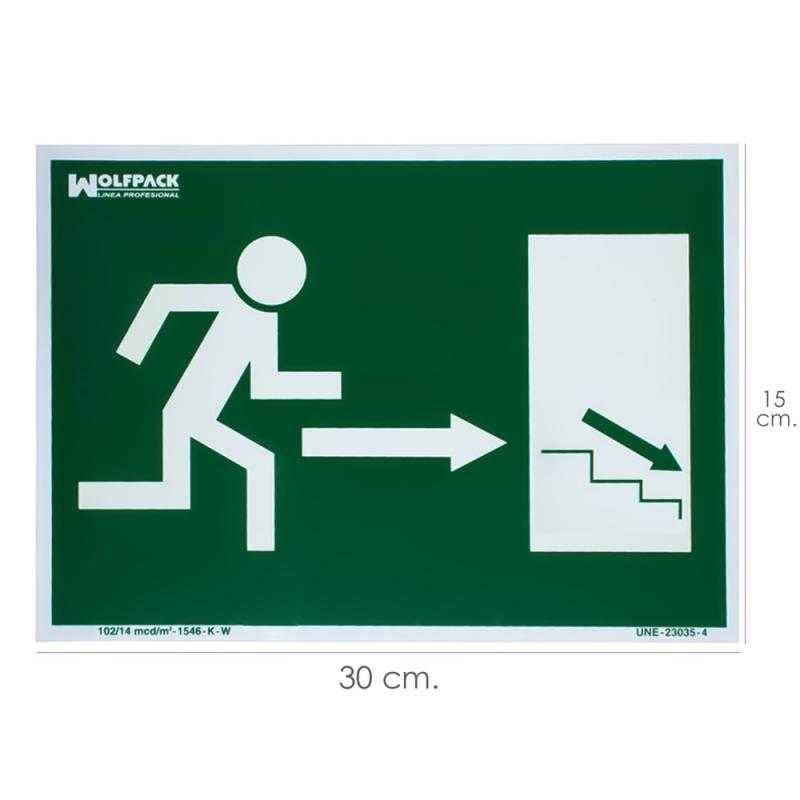 Cartel / señal fluorescente / señal fluorescente salida escalera derecha abajo 21x30 cm.