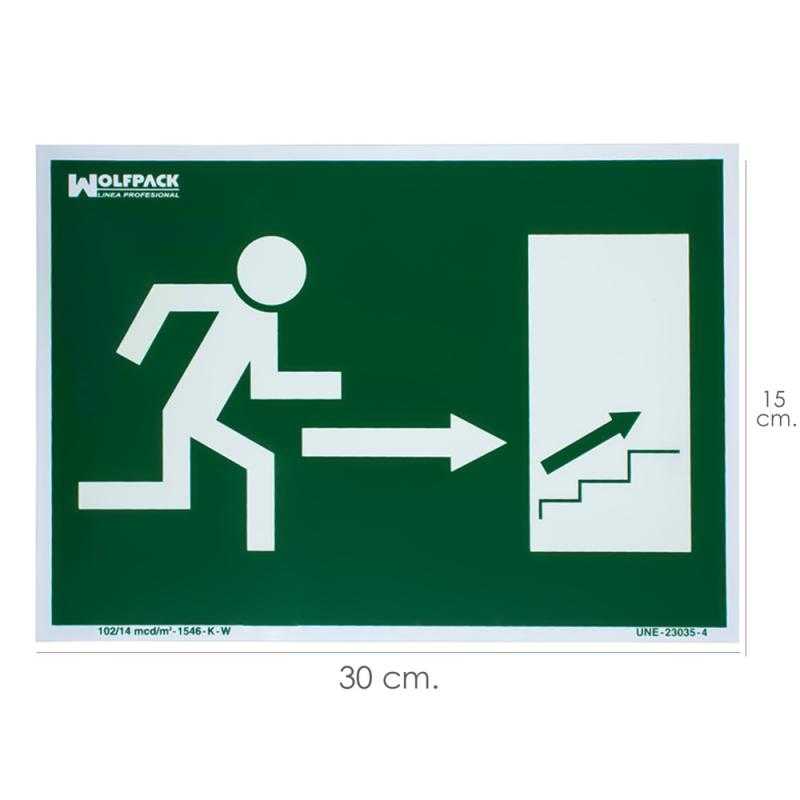 Cartel / señal fluorescente salida escalera derecha arriba 21x30 cm.