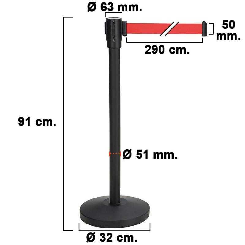 Poste separador cinta extensible 3 metros. ø base 32 cm. ø tubo 5,1 cm.  altura 91 cm.