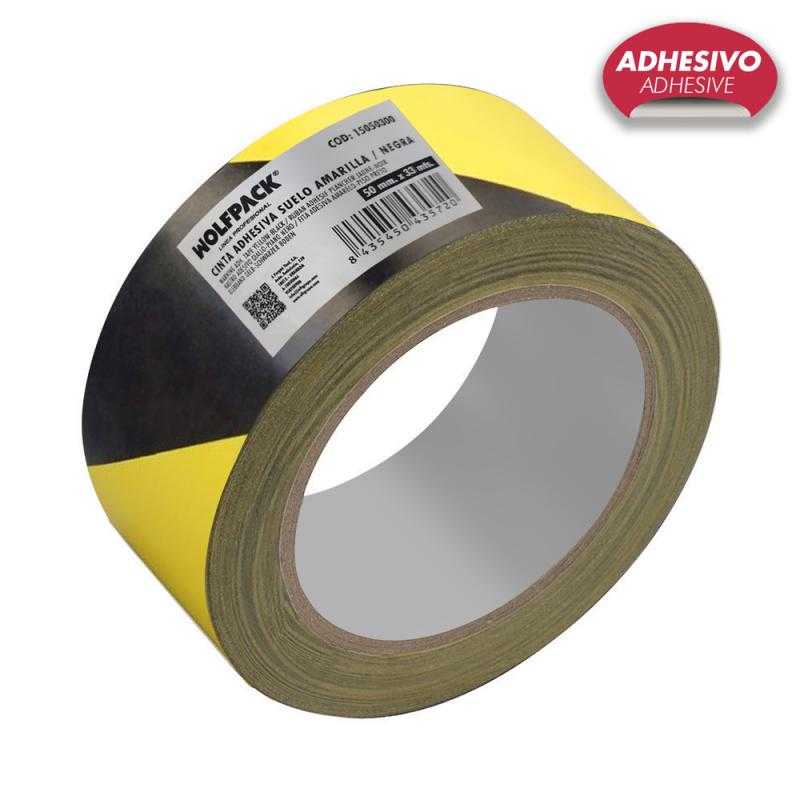 Cinta señalizacion adhesiva suelo, bicolor amarilla y negra, 33 mt x 50 mm.