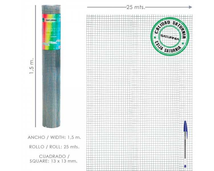 Malla Electrosoldada Galvanizada 13x13 / 150 cm. Rollo 25 Metros Uso Domestico