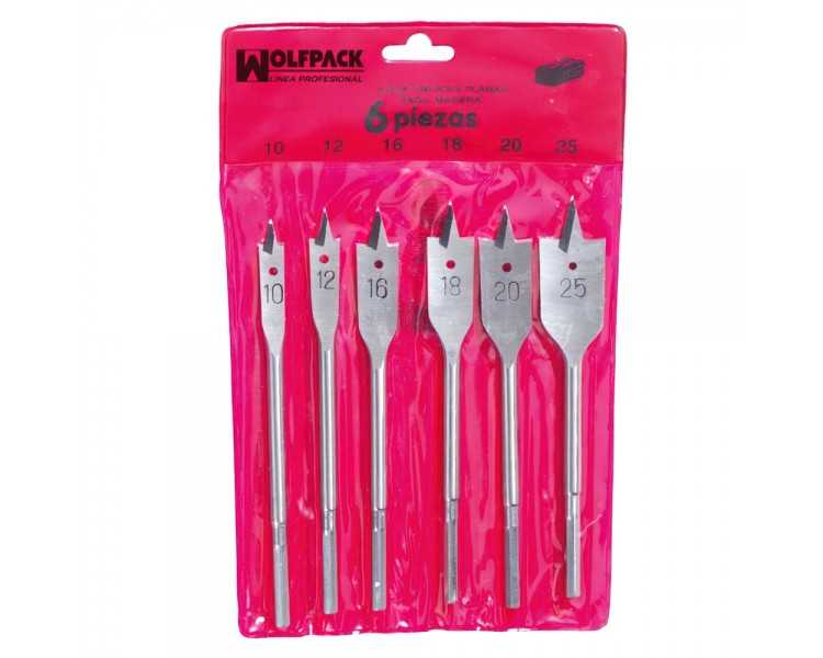 Juego Brocas Planas Madera 3 Puntas Wolfpack 6 Piezas