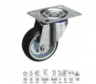 Rueda Industrial Goma Negra Placa  100 mm.