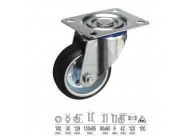 Rueda Industrial Goma Negra Placa  100 mm.