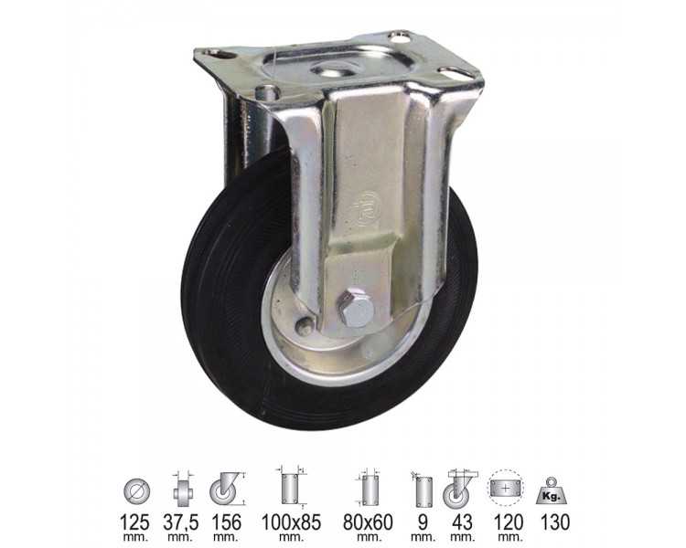 Rueda Industrial Goma Negra Fija 125 mm.