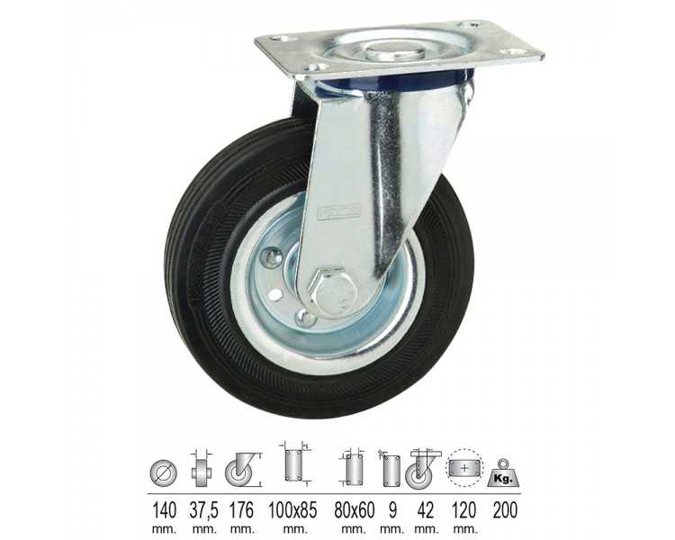 Rueda Industrial Goma Negra Placa  Ø 140 mm.