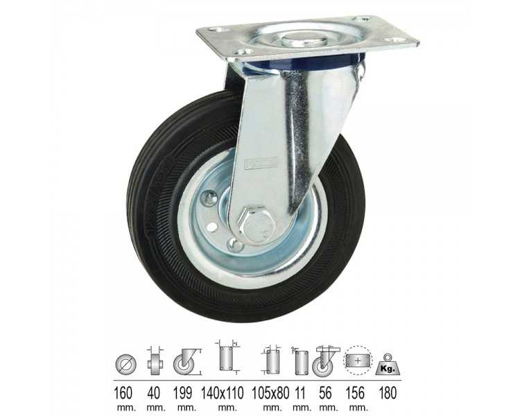 Rueda Industrial Goma Negra Placa  160 mm.