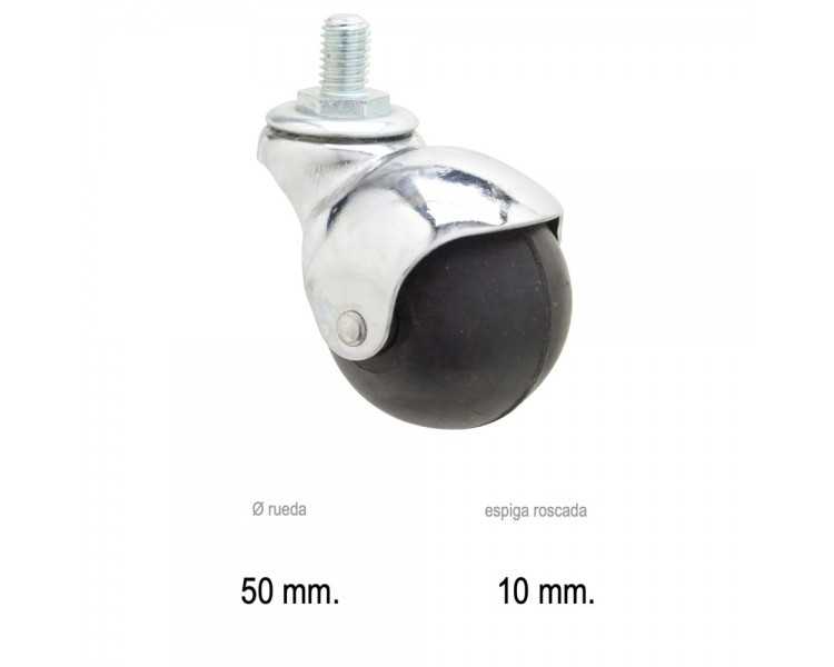 Rueda Domestica Goma Negra Esfera Espiga M10x50 mm.