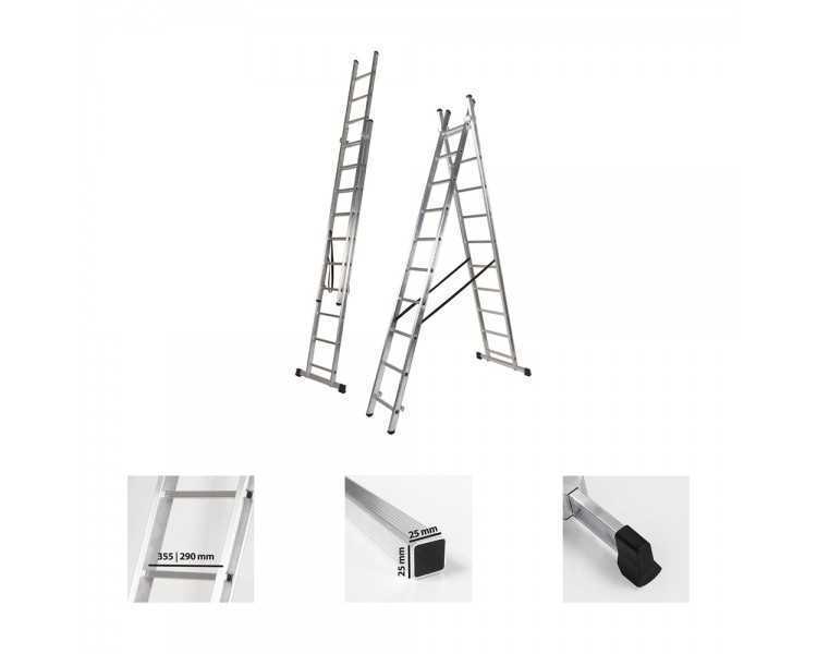 Escalera Aluminio 2 Tramos 10+10 Peldaños. Plegable, Antideslizante, Resistente