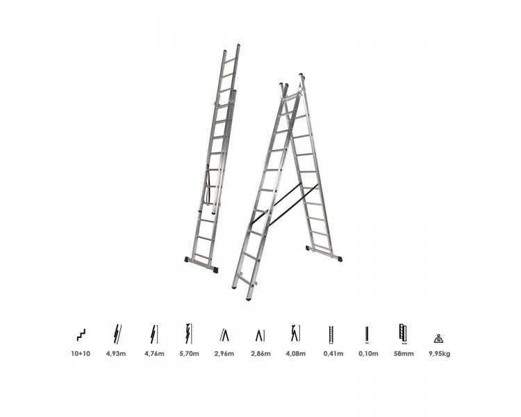 Escalera Aluminio 2 Tramos 10+10 Peldaños. Plegable, Antideslizante, Resistente