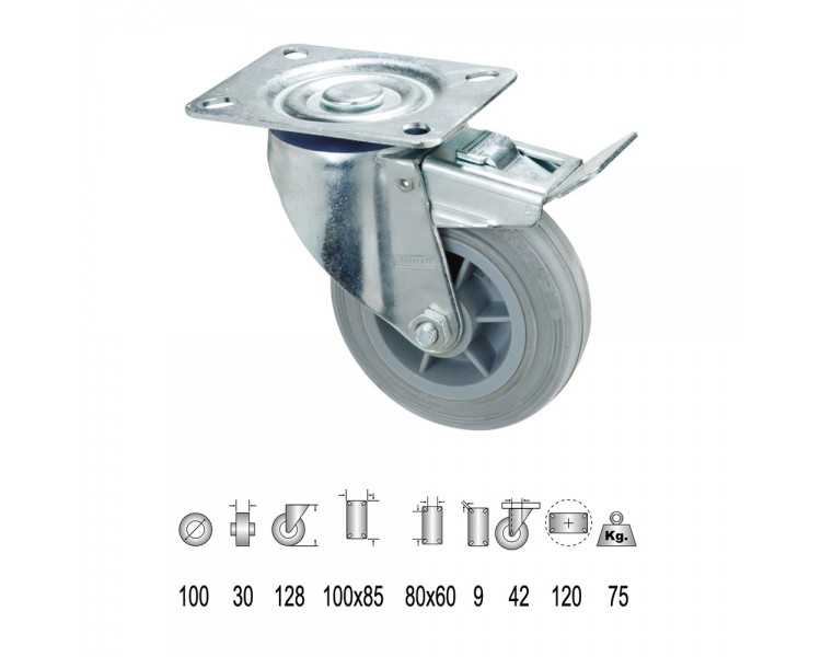 Rueda Industrial Goma Gris Placa con freno 100 mm.