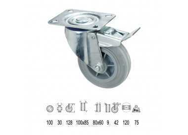 Rueda Industrial Goma Gris Placa con freno 100 mm.