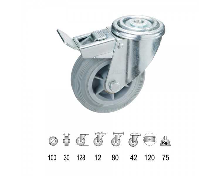 Rueda Industrial Goma Gris Pasante con freno100 mm.