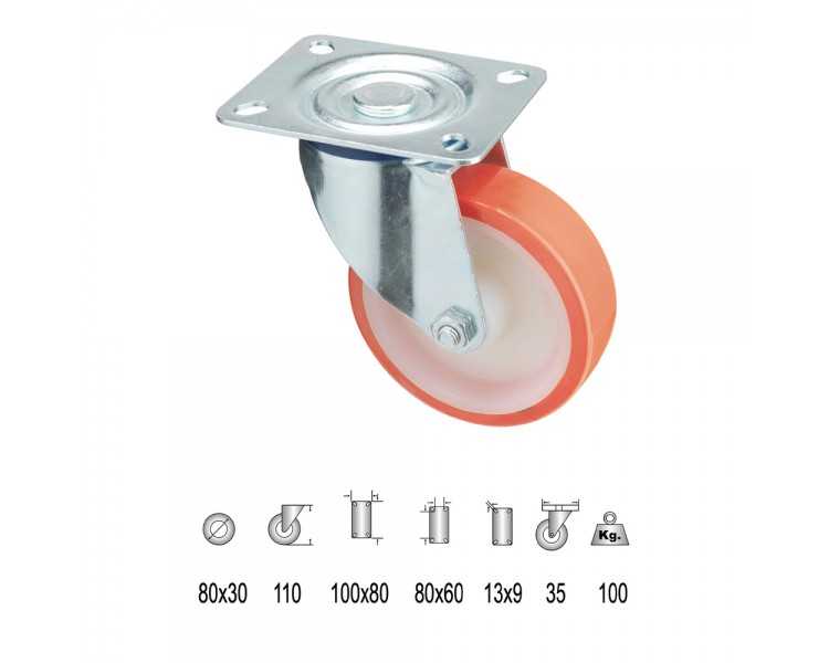 Rueda Industrial Poliuretano Placa   80 mm.