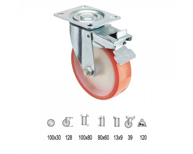 Rueda Industrial Poliuretano Placa con freno 100 mm.