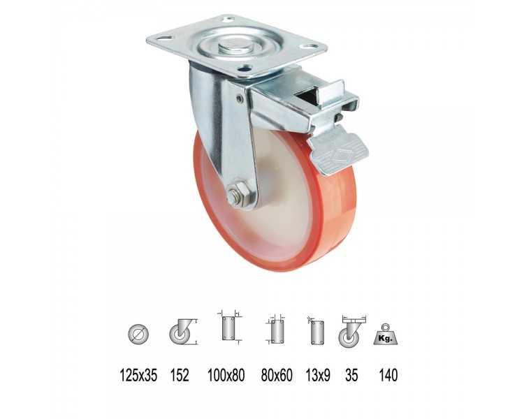 Rueda Industrial Poliuretano Placa con freno 125 mm.