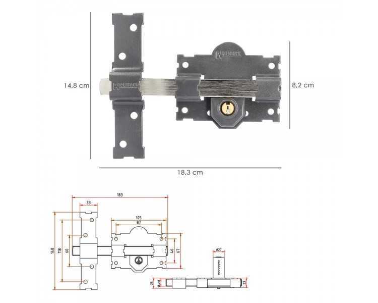 Cerrojo b-2 llave 2 lados pasador de 183mm cilindro redondo de 50mm