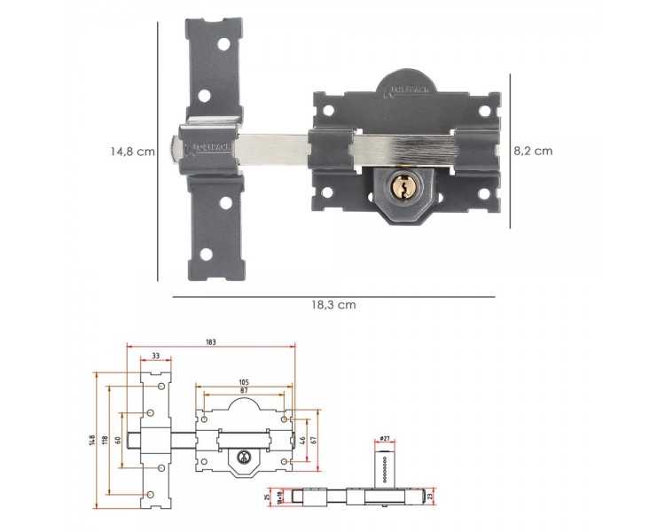 Cerrojo b-4 llave 2 lados pasador de 183mm cilindro redondo de 70mm