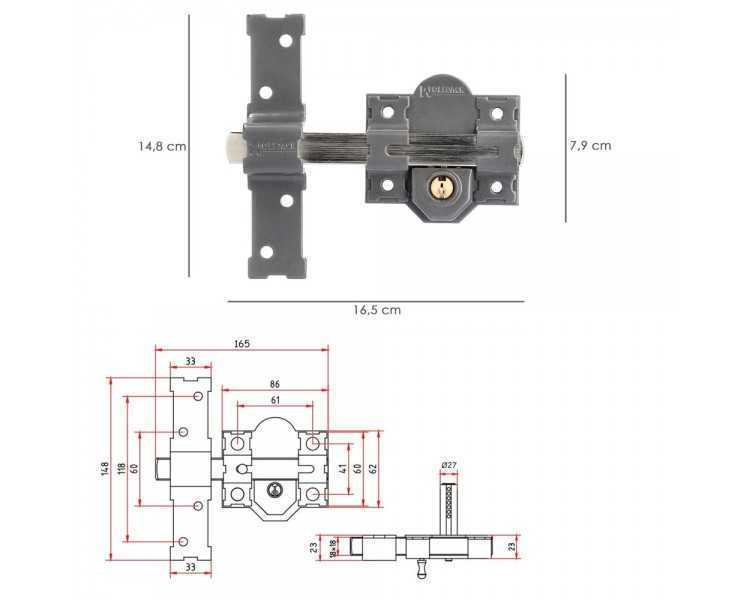 Cerrojo b-6 llave 2 lados de 165mm cilindro redondo de 50mm
