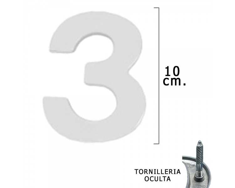 Numero Metal "3" Plateado Mate 10 cm. con Tornilleria Oculta (Blister 1 Pieza)