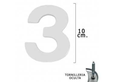Numero Metal "3" Plateado Mate 10 cm. con Tornilleria Oculta (Blister 1 Pieza)