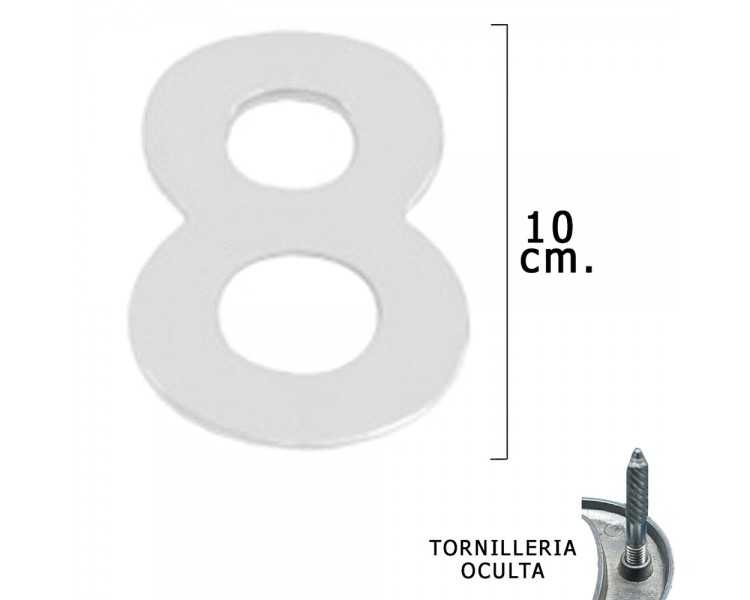 Numero Metal "8" Plateado Mate 10 cm. con Tornilleria Oculta (Blister 1 Pieza)