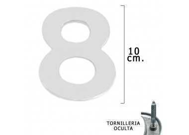 Numero Metal "8" Plateado Mate 10 cm. con Tornilleria Oculta (Blister 1 Pieza)