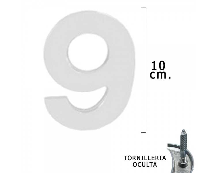 Numero Metal "9" Plateado Mate 10 cm. con Tornilleria Oculta (Blister 1 Pieza)