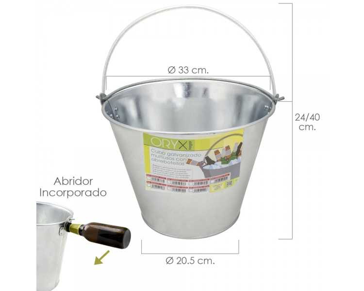 Cubo Zinc Metal Galvanizado Multiusos 12 Litros 33 x 20.5 x 24 (alt.) cm. con Abre Botellas