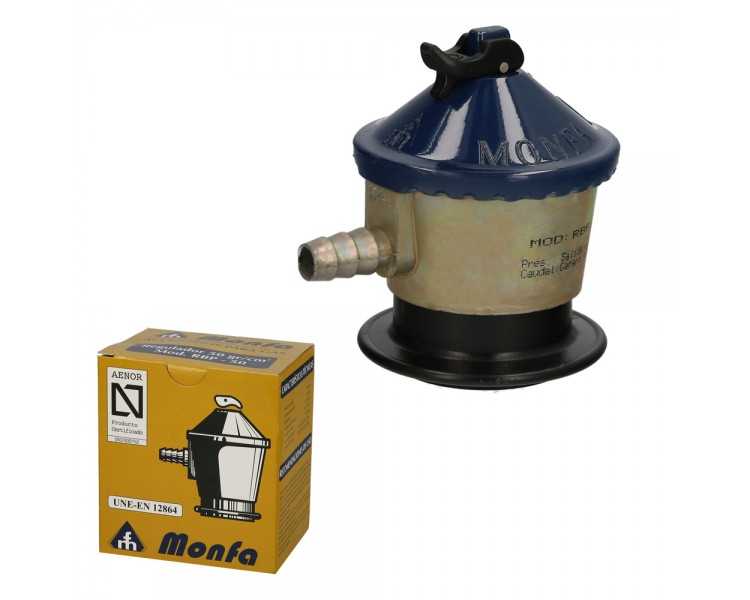 Regulador Gas Butano Monfa (50 Grms./cm2) Alcachofa Gas, Regulador Gas Butano. Presión 50 mbar. Caudal 2,5 Kg/hora
