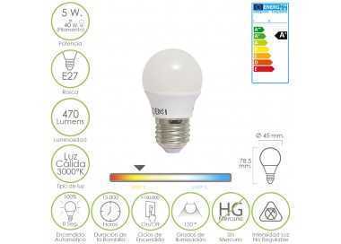 Bombilla Led Esferica E27 5 W. - 40 W. 470 lúmenes. Luz cálida (3.000 °K).