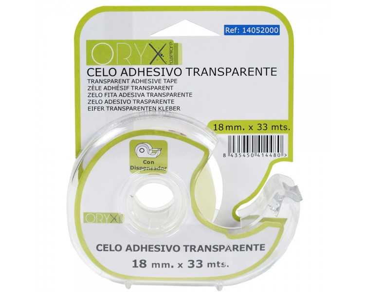Cinta Celo Adhesivo Transparente 18 mm. x 33 Mts. Con Dispensador.