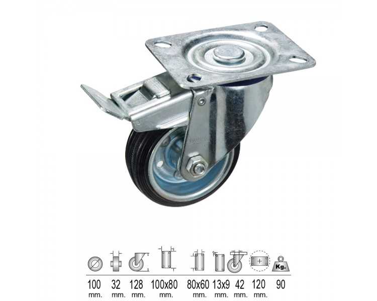 Rueda Industrial Goma Negra Placa con freno 100mm