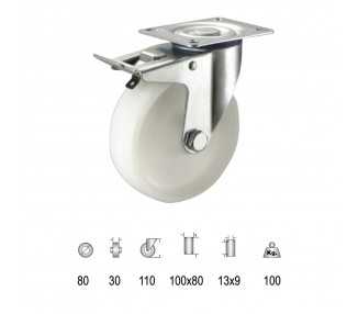 Rueda Industrial Nylon Placa con freno   80mm
