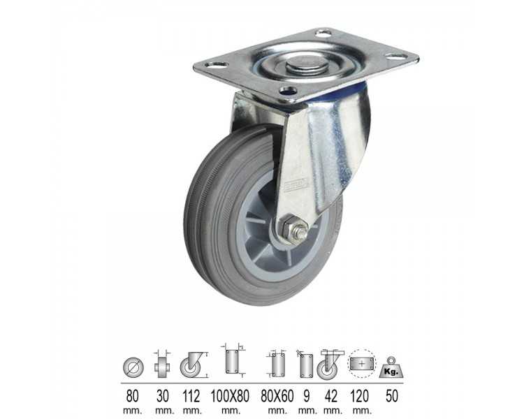 Rueda Industrial Goma Gris Placa  80mm