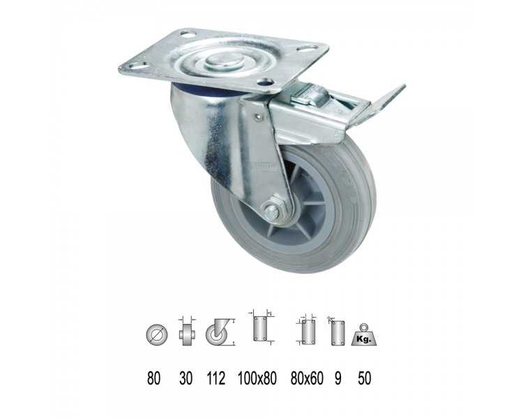 Rueda Industrial Goma Gris Placa con freno  80mm