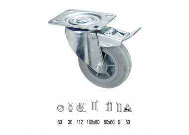 Rueda Industrial Goma Gris Placa con freno  80mm