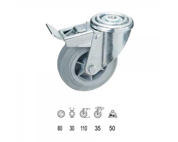 Rueda Industrial Goma Gris Pasante con freno  80mm
