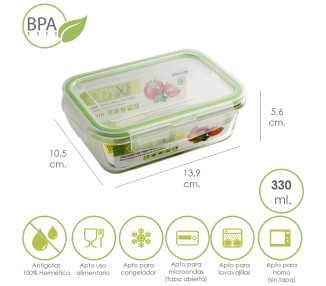 Recipiente Hermetico Cristal Rectangular  330 ml. 13.9 x 10.5 x 5.6 (alt) cm.