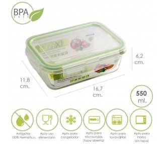 Recipiente Hermetico Cristal Rectangular 550 ml. 16.7 x 11.8 x 6.2 (alt) cm.
