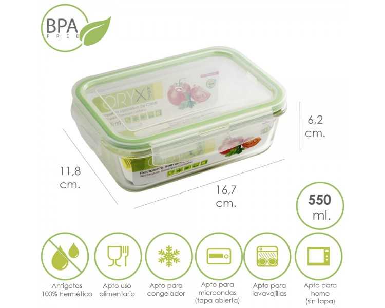 Recipiente Hermetico Cristal Rectangular 550 ml. 16.7 x 11.8 x 6.2 (alt) cm.
