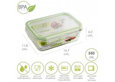 Recipiente Hermetico Cristal Rectangular 550 ml. 16.7 x 11.8 x 6.2 (alt) cm.