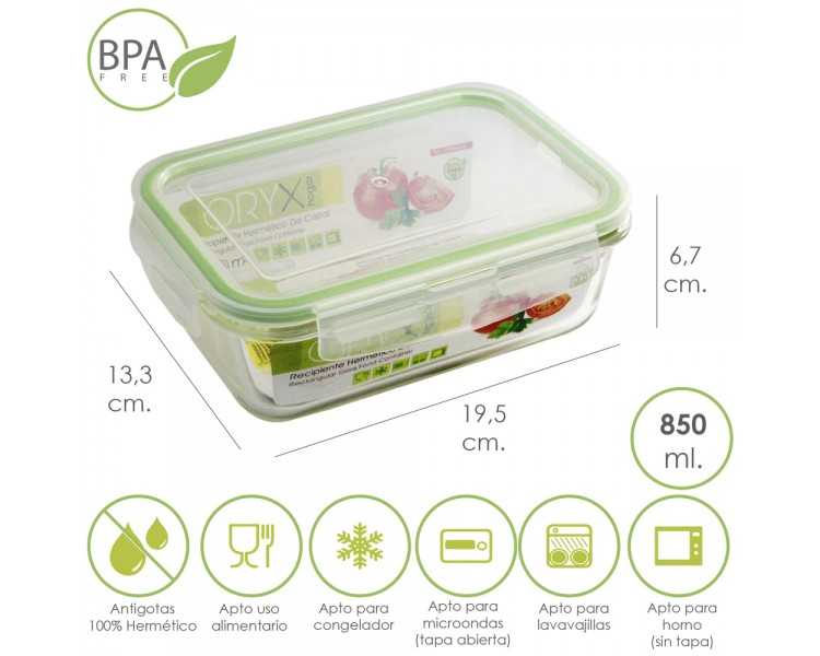 Recipiente Hermetico Cristal Rectangular 850 ml. 19.5 x 13.3 x 6.7 (alt) cm.