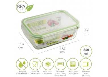 Recipiente Hermetico Cristal Rectangular 850 ml. 19.5 x 13.3 x 6.7 (alt) cm.