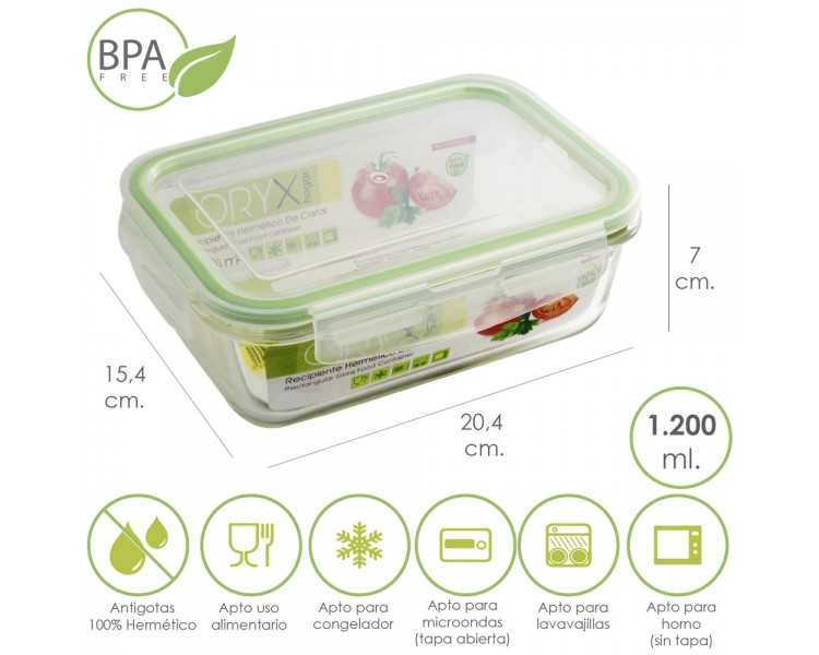 Recipiente Hermetico Cristal Rectangular 1200 ml. 20.4 x 15.4 x 7 (alt) cm.