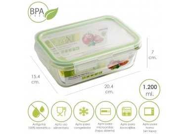 Recipiente Hermetico Cristal Rectangular 1200 ml. 20.4 x 15.4 x 7 (alt) cm.