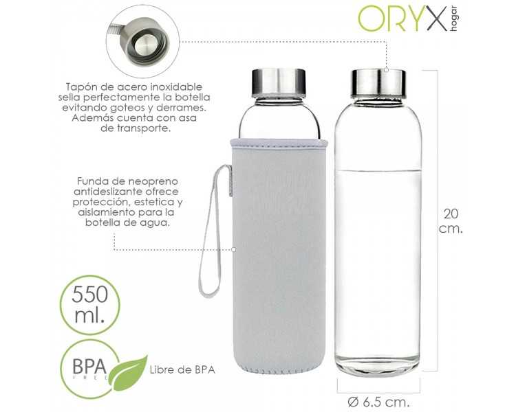 Botella Agua Cristal 550 ml. Funda Neopreno con Asa. Sin BPA