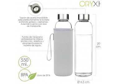 Botella Agua Cristal 550 ml. Funda Neopreno con Asa. Sin BPA